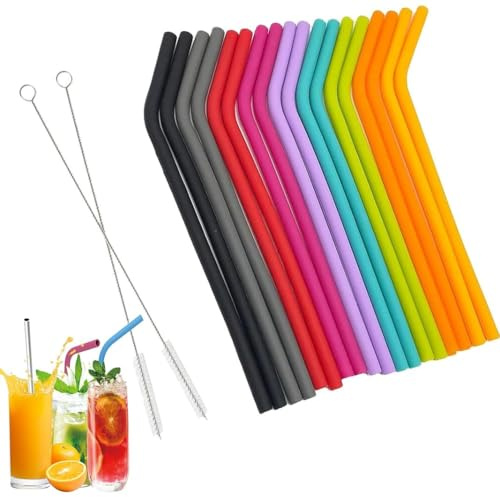 16 Pcs Colorful Silicone Straws Reusable,with 2 Cleaning Brushes,Colorfuls Bend Drinking Straws,Reusable Colorful Bend Drinking Straws,for Adults Kids, Cocktails & Cold Drinks (Assorted Colors).