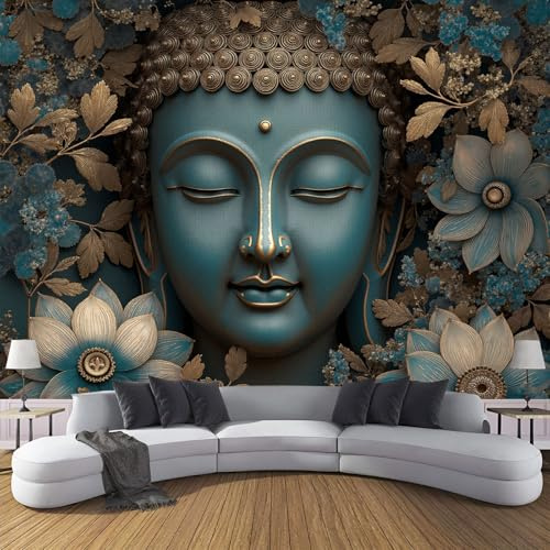 ZISTRCBAO Fondo De Pantalla Panorámica Escultura 3D 250x175cm, Estilo Zen Retro Fotomurales Seda Para Salón Dormitorio Oficina Pared De Fondo De TV, Turquesa