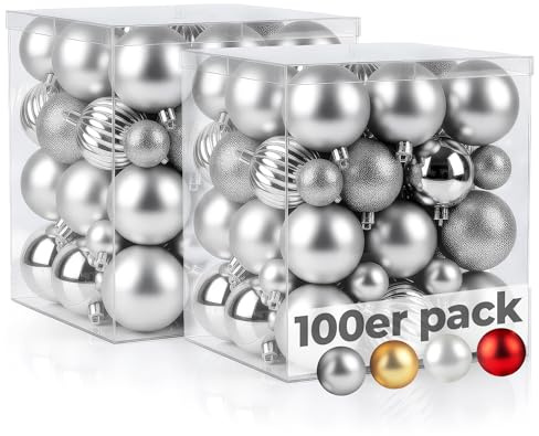 Menz Weihnachtskugeln 100er Silber Mix aus glänzenden matten glitzernden Kugeln 3 4 6cm stilvolle Christbaumkugeln und edle Weihnachtsdeko für Innenbereich