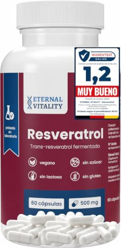 Eternal Vitality Cápsulas de Trans-Resveratrol, 500 mg, 60 cápsulas para 2 meses, obtenidas por fermentación de levadura, veganas, analizadas en laboratorio en Alemania
