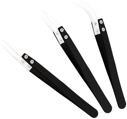 Set di 3 pinzette in ceramica di precisione con apertura inversa: pinzette non conduttive antimagnetiche con punte appuntite e curve, strumento elettronico resistente al calore per morsetto