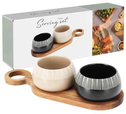 MIJOMA 3-delat serveringsset – två randiga stengodsskålar i svart och grått – akaciatbricka med runt handtag – för dips, snacks och tapas stunder