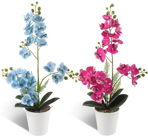 LEIMEND 2 Stück Orchideen Künstlich Kunstblumen im Topf Rosenrot und Blau | Künstliche Orchideen wie echt Künstliche Orchideen im Topf für Tischdekoration Wohnkultur Büro Hochzeitsfeier Dekoration