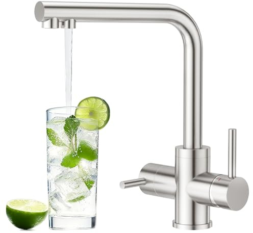 Grifo de Cocina Acero Inoxidable 3 Vías, Compatible con Sistema de ósmosis | Giratorio 360°, Mezclador 3 en 1 para Filtro de Agua Potable, Grifo con Doble Mando, Superficie Cepillada