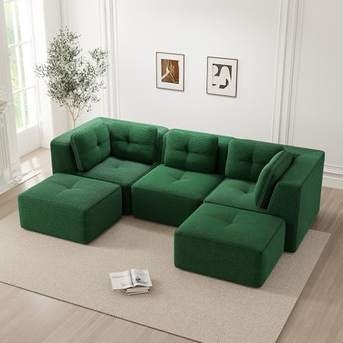 Muskel - Divano angolare moderno a 3 posti in velluto costine con poggiapiedi - Senza montaggio - Compressione senza snodo - Per soggiorno (verde, 3 posti + 2)