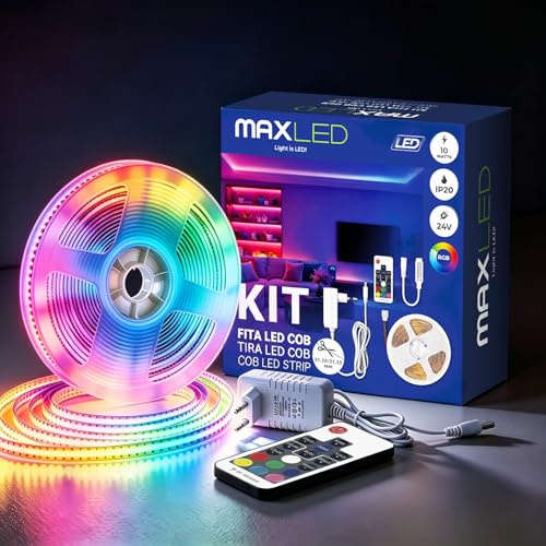Maxled, Light is Led! Striscia LED COB RGB 5M/16.40FT con Telecomando 576 LED/M 24V Autoadesiva CRI90+ Flessibile Striscia Luminosa DIY con Alimentatore AC/DC per Interni, Cucina e Decorazioni