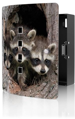 banjado Design Schlüsselkasten aus Edelstahl für 10 Schlüssel - Schlüsselschrank zur Schlüssel Aufbewahrung 24 x 21,5 x 7cm groß mit praktischem Magnetverschluss - Motiv DREI Waschbären