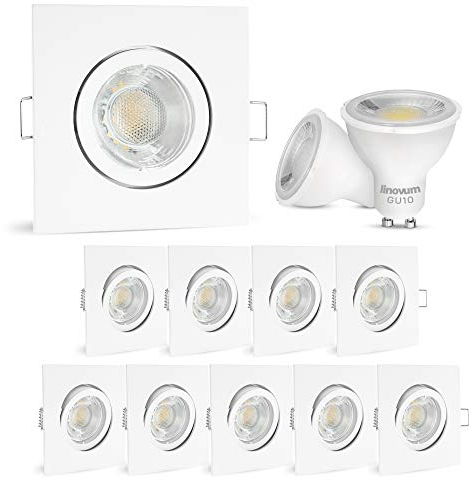 linovum Juego de 10 lámparas LED empotrables planas blancas y orientables – 10 focos empotrables en el techo cuadrado con LED GU10 blanco neutro 3 W 230 V