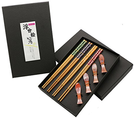 EXZACT Chopsticks Gift Set 4 Pairs Reusable Natural Bamboo with 4 pcs Wooden Chopstick Rests – in a Beautiful Black Handmade Box – Decorated Japanese Style