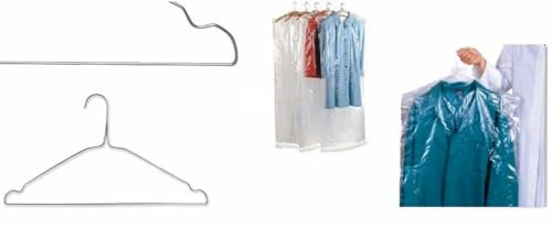 100 GRUCCE METALLO + 100 BUSTE COPRIABITI GIACCHE PIUMINI 60X90Cm PER LAVANDERIE, TINTORIE, STIRERIE