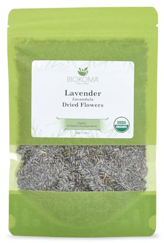 Biokoma Organic Lavender (Lavandula) Dried Flowers 50g (1.76oz) in Resealable Moisture Proof Pouch, USDA Certified Organic - Herbal Tea, No Additives, No Preservatives, No GMO, Kosher