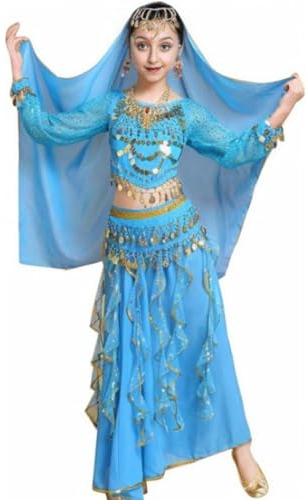 Kinder Mädchens Damen Bauchtänzerin Indische Langarm Top Rock Tanzkleid Kostüme Lake Blau XL Höhengeeignet 135-150CM