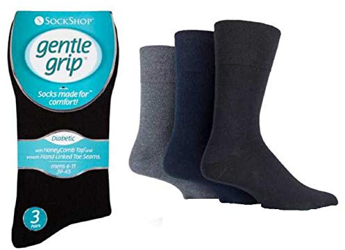 Gentle Grip 3 PAIRS Sock Shop Men's Diabetic Cotton Rich HoneyComb Top Non Elastic Socks Size 6-11 (Dark mix)