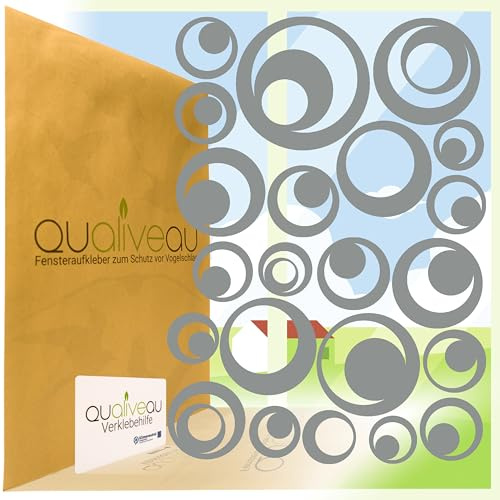 QUALIVEAU® 22 Retro Kreise Aufkleber zum Schutz vor Vogelschlag | Komplett – Set mit Verklebehilfe | Farbe: Grau