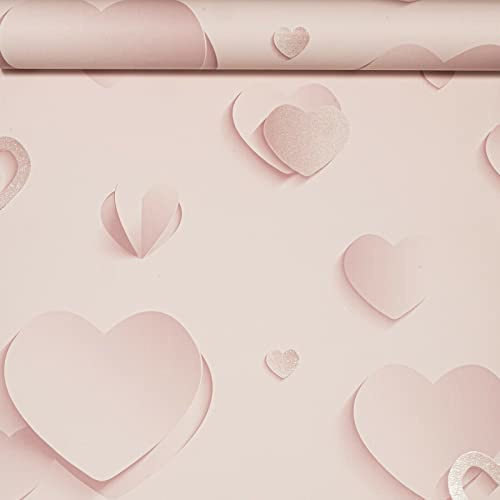 SOPHIE LAURENCE Pink Hearts Silver Metallic Glitter 3D Effect Wallpaper Girls Room Bedroom Kid's Room (Smooth Light Pink Silver Glitter 3D Hearts)