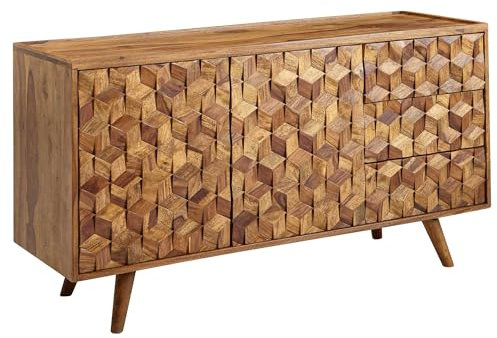 Wohnling Sideboard 138x76x45 cm Sheesham Massivholz Anrichte mit Türen & Schubladen, Kommode Kommodenschrank Holz Modern, Standschrank Wohnzimmer
