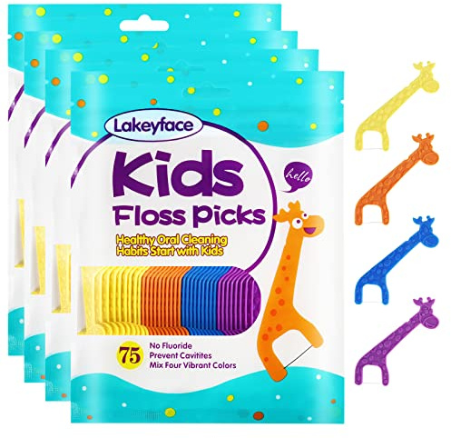 Lakeyface 300 Count Kids Flossers, Cute Giraffe Kids Floss Picks, No Fluoride BPA Free Dental Floss Picks, Unflavored Flossers for Kid, 4 Colors, 75 Count (Pack of 4)