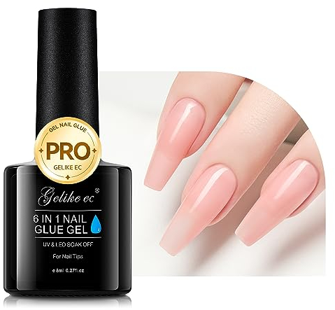 Gelike ec Colla per Unghie Finte 6 in 1, Base Coat Semipermanente Unghie, Nail Glue per Tip UV en Gel Resina Extra Forten 8ml, Gelatina Pesca