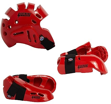 Proforce Lightning Martial Arts Protective Sparring Gear Bundle - Headgear, Gloves, Ultra Kicks (Red, Child Large)
