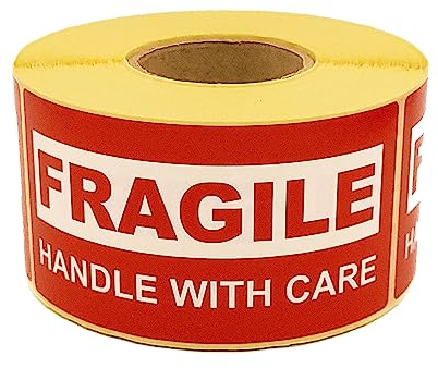MD Labels Warnetiketten auf Rolle – 500 Stück – 100x50mm – Fragile – Handle with Care – Rote Versandaufkleber – Haftetiketten für zerbrechliche Pakete