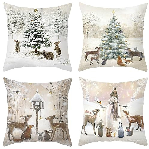 4 Stück Weihnachtskissenbezug Leinen, Weihnachtskissen Nostalgie 45x45cm, Weihnachten Deko Innen, Kissenbezug Weihnachten, Weihnachtsdeko Amerikanisch Kissen Bezug für Sofa Schlafzimmer Bett Auto (D)