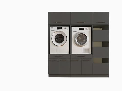 LAUNDREEZY 2x Waschmaschinenschrank, Wäscheschrank und 3x Schrankaufsatz, Anthrazit - Waschmaschinen-Überbauschrank TÜV-zertifiziert mit viel Stauraum - 185 x 200 x 67,5 cm (B/H/T)