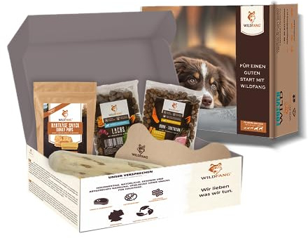 Wildfang® Willkommen Wegbegleiter Welpen Starterpaket – Getreidefrei Trockenfutter für Hunde mit Hundespielzeug & Welpenspielzeug inkl. Leder Kauknochen Hund Kaffeeholz für Hunde & Hartkäse Probierset