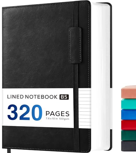 NIRMIRO Notizbuch B5 Liniert, 320 Seiten Großes Bullet Journal Tagebuch für Erwachsene Frauen und Männer Notizen, Reisen, Zeichnungen, 19cm x 25,4cm, Schwarz Leder Notizblock