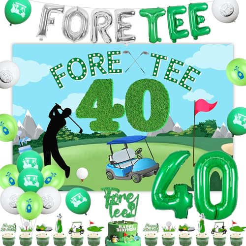 Kreatwow Golf 40th Birthday Decorations, Golf Backdrop Banner Set | Green fore tee golf theme, 40th bday set, backdrop & cupcake toppers, wall & table decor, easy hang, perfect for golf fan men
