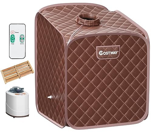 COSTWAY Portable Steam Sauna Tent, Folding Personal Full Body Spa Home Sauna with 1000W Generator, 9 Levels Temperature, Timer, Chair & Foot Massage Roller, Therapy Detox Room Steam Cabin (Coffee)