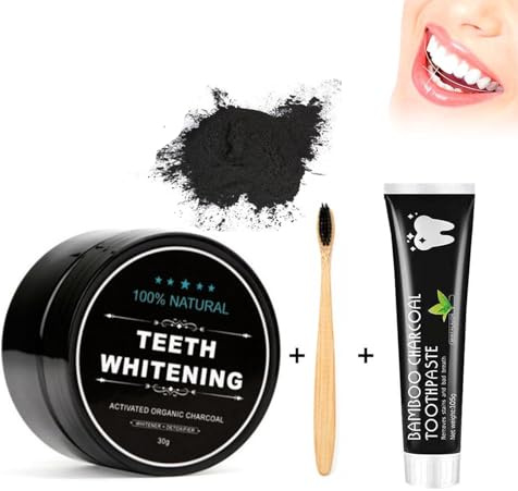 Kit de blanqueamiento de dientes de carbón activado, cepillos de bambú ecológico, carbón activado para dientes, blanqueador de carbón blanqueador, polvo, pasta de dientes y cepillo de bambú, limpieza