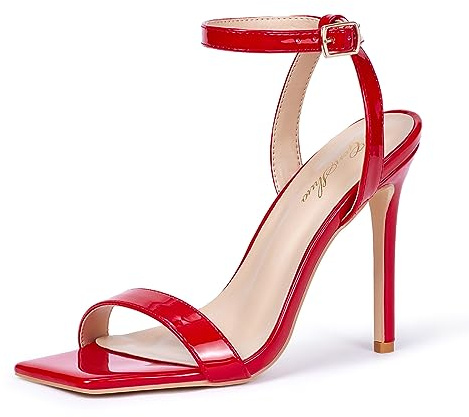 GENSHUO Damen Stiletto High Heeled Sandalen mit offenem eckigem Zehenbereich und Knöchelriemen Riemen Sandaletten für Party Prom Homecoming festliche Schuhe, Rot, EU 40