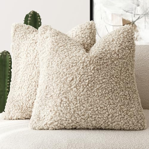 Foindtower Kunstfell-Kissenbezüge, Deko-Sherpa-Kissen, flauschig-weiche Kissenbezüge, Schaffell, dekorativer Fleecekissenbezug für Bett, Couch, Wohnzimmer, 2 Stück, 40,6 x 40,6 cm, Hellkhaki