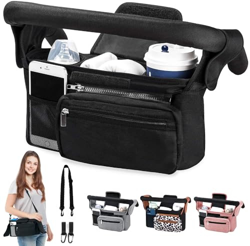 HINATAA Baby Pram Bag Stroller,Baby Stroller Organizer- Detachable Phone Bag & Shoulder Strap, 2 Insulated Cup Holder,Buggy Organiser Bag with Shoulder Strap&Non-Slip Secure Hooks (Black)