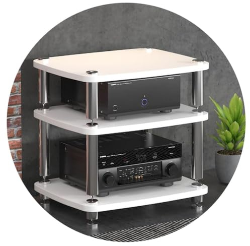 MDF-Audioschrankständer mit stoßdämpfenden Füßen und 4-lagigem Plattenspielerständer, Regal für Leistungsverstärker und Geräteschrank (Größe: 60 x 48 x 57 cm (3 Ebenen), Farbe: Weiß)