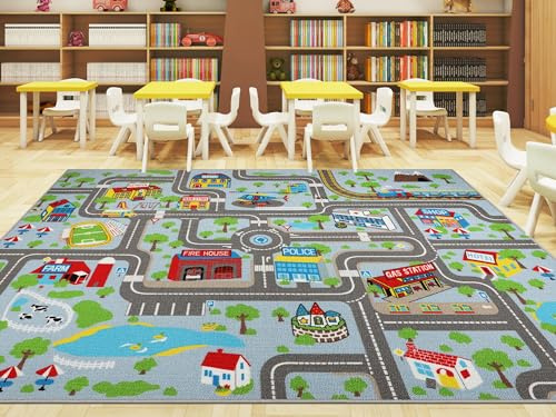 Capslpad Kids Play Rug Town City Road Car Mat 200x300cm Non-Slip Kid Carpet Playmat Machine Washable Exercise Mat Short Pile Learning Educational Area Rug for Kids Room Toddler Playroom, Pastel Blue