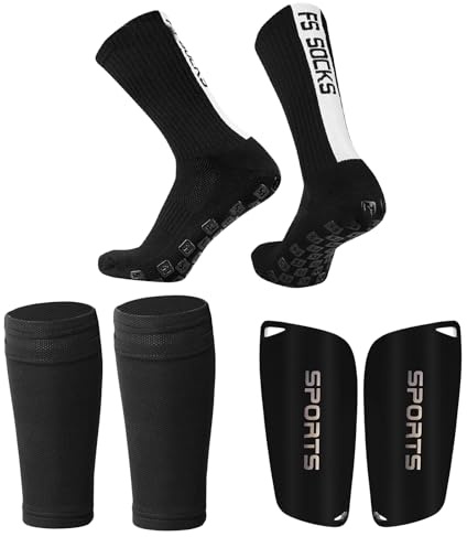 Zimoer 3-Teiliges Set Schienbeinschoner Fussball Mit Anti-Rutsch Ärmel Socken, Fussball Shin Guard und Stutzen Stutzenstrumpf, Outdoor Sport Laufsocken, Anti-Rutsch Socken mit Griffen