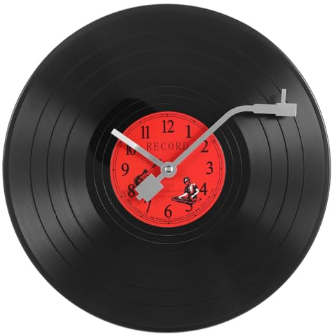 Amosfun Kreative Schallplatten-Wanduhr - Vinyl-Wanduhr FüR Wohnzimmer, BüRo, Kinderzimmer - 30 cm Rote Schallplatte - DIY Graffiti Design - Perfekt FüR Musikliebhaber - Ohne Batterie