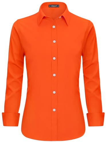 Stamain Orange Shirt Women Long Sleeve Executive Formal Work Shirts for Women UK Fitted Stretch Button Up Dress Shirt with Single Cuff M