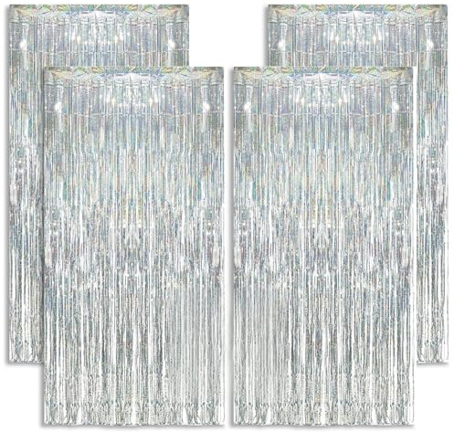 KOOSREEL 4 Rideaux Métallique Tinsel Argent（1×2m）, Décoration en Feuille de Paillettes pour Le Nouvel an, Fête de Marriage,Decoration Anniversaire Rideaux à Franges en Aluminium