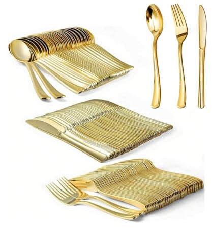 180Pcs Gold Plastic Cutlery Set, Washable and Reusable Heavy Duty Tableware, 60 Knives 60 Forks and 60 Spoons Perfect for Birthday Parties and Weddings