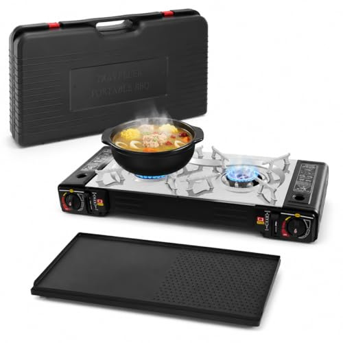 LENDISIY Réchaud à gaz 2 feux avec plaque de cuisson, Réchaud de camping portable, Barbecue à gaz, Ensemble de barbecue de camping avec valise, pour le camping, les voyages, le trekking et la cuisine