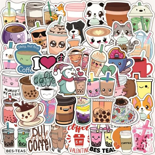 Coffee Stickers | 50 Decals | Waterproof Vinyl Stickers for Laptops,Funny Cute Aesthetic Sticker for Laptops,Water Bottles,Notebooks & Coffee Lovers,Laptop,Scrap Booking