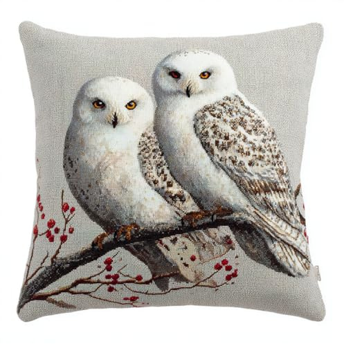 Kreuzstich Stickpackungen Kissen Stickerei Set Anfänger Vorgedruckt Zwei Weiße Eulen 45X45Cm Diy Set Kreativ Für Erwachsene Bastelset Handwerker Haus Dekoration Kreuzstichkissen Zum Stitch K
