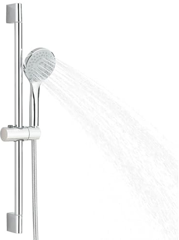 Hevenaov Juego de ducha con alcachofa de mano de acero inoxidable, barra de ducha de 62 cm con soporte para cabezal de ducha, barra de ducha con manguera de 1,5 m, sistema de ducha de 5 tipos de