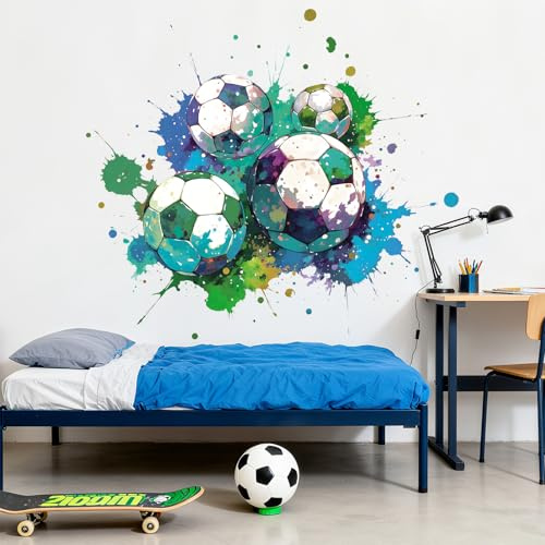ANHUIB Fußball Wandtattoo Blau Grün 3D Wandsticker Fussball Kinderzimmer Jungen Selbstklebende Durchbruch Poster für Jugendzimmer Wandaufkleber Kinderzimmer Junge Fußball Teenager Schlafzimmer Deko