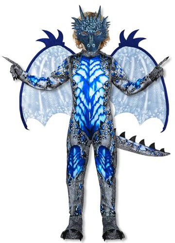 AYBUY Drakdräkt för barn, pojkar, drakoveraller med svanskvinge mask och handskar för halloween, karneval, världsbokdag, utklädning, cosplay, L