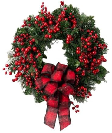 ZYNCUE Corona de Navidad artificial de bayas de acebo rojas, perfecta para decoración de puerta de vacaciones. Decoración para árbol de Navidad