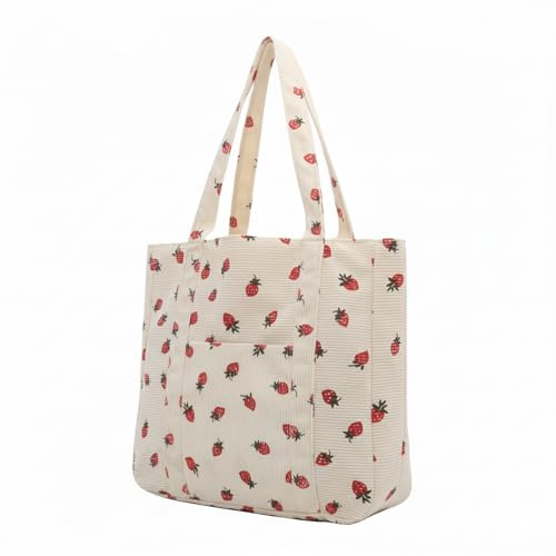 LINISITING Damen Cord-Tragetasche, Süße Erdbeer Canvas-Handtaschen, Robuste Einkaufstasche mit Reißverschluss Taschen Und Fächern für Arbeit Schule Reisen Alltag