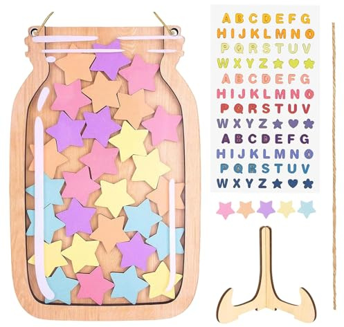 Reward Jar for Children,Reward Charts for Children Behaviour Star Reward Jar for Children Potty Train Tool Reward Board for Kids Home School Classroom, Wooden Reward Chart with Tokens (30 Stars)
